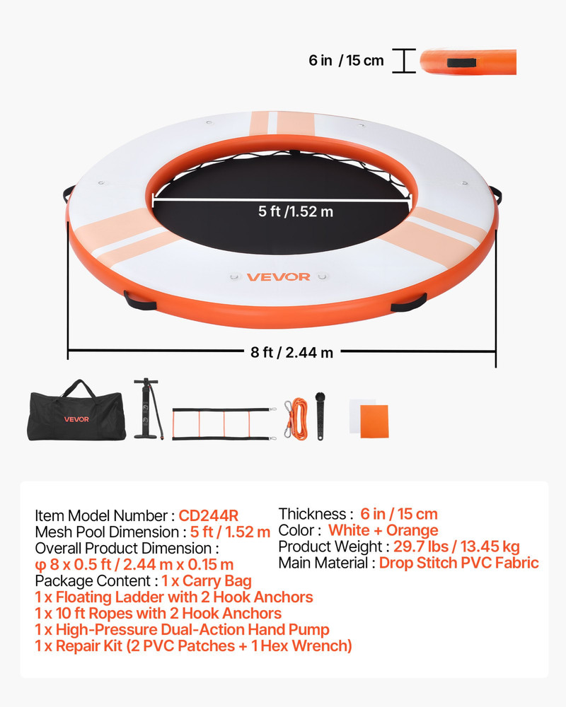Inflatable Floating Dock, 8 FT Inflatable Dock Platform, Orange