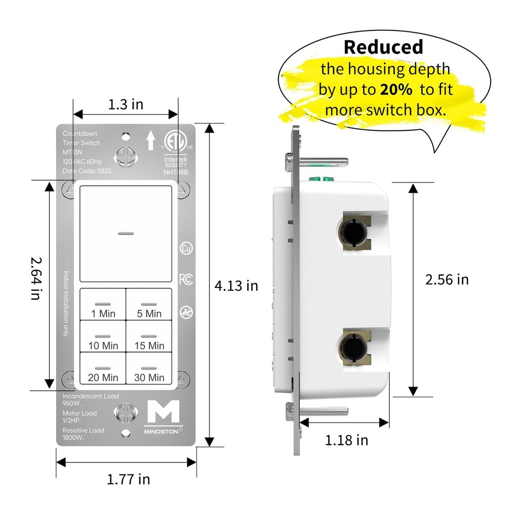 Minoston Countdown Timer Switch with Dimmable Indicator, 30 Min Wall Bath Fan...