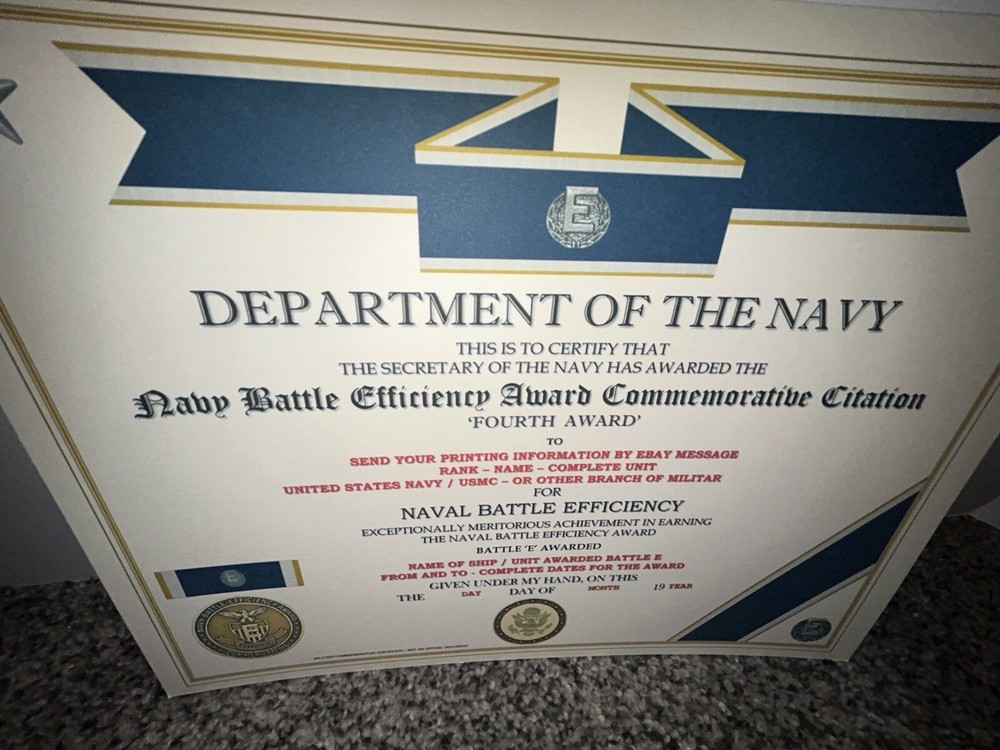 NAVY BATTLE E CITATION~4TH AWARD COMMEMORATIVE CERTIFICATE ~ TYPE-2 / W/PRINTING