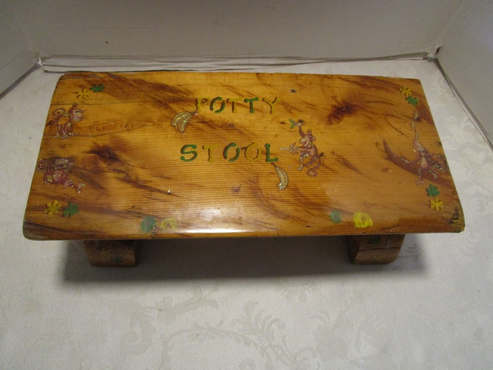 Vintage Rustic Handcrafted Wood Log Slab Potty Step stool Hand Painted Primitive