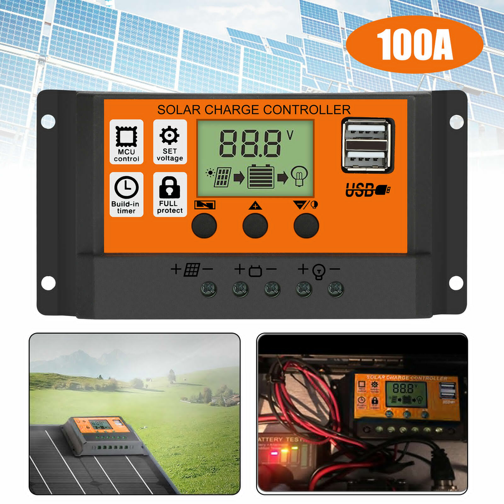 100A Solar Panel Battery Charge Controller 12V/24V LCD Regulator Auto Dual USB