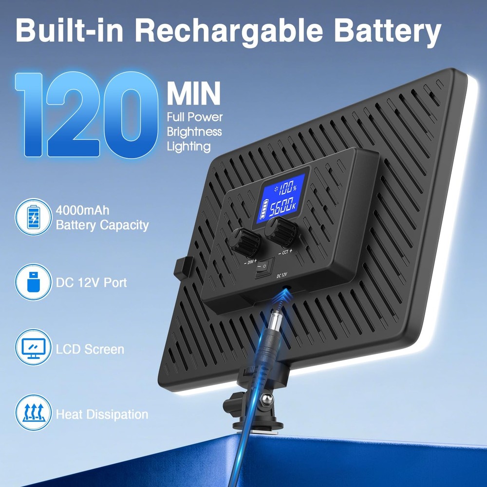 Led Video Light Panel Light with Extendable Tripod, 4000mAh Rechargeable Ligh...