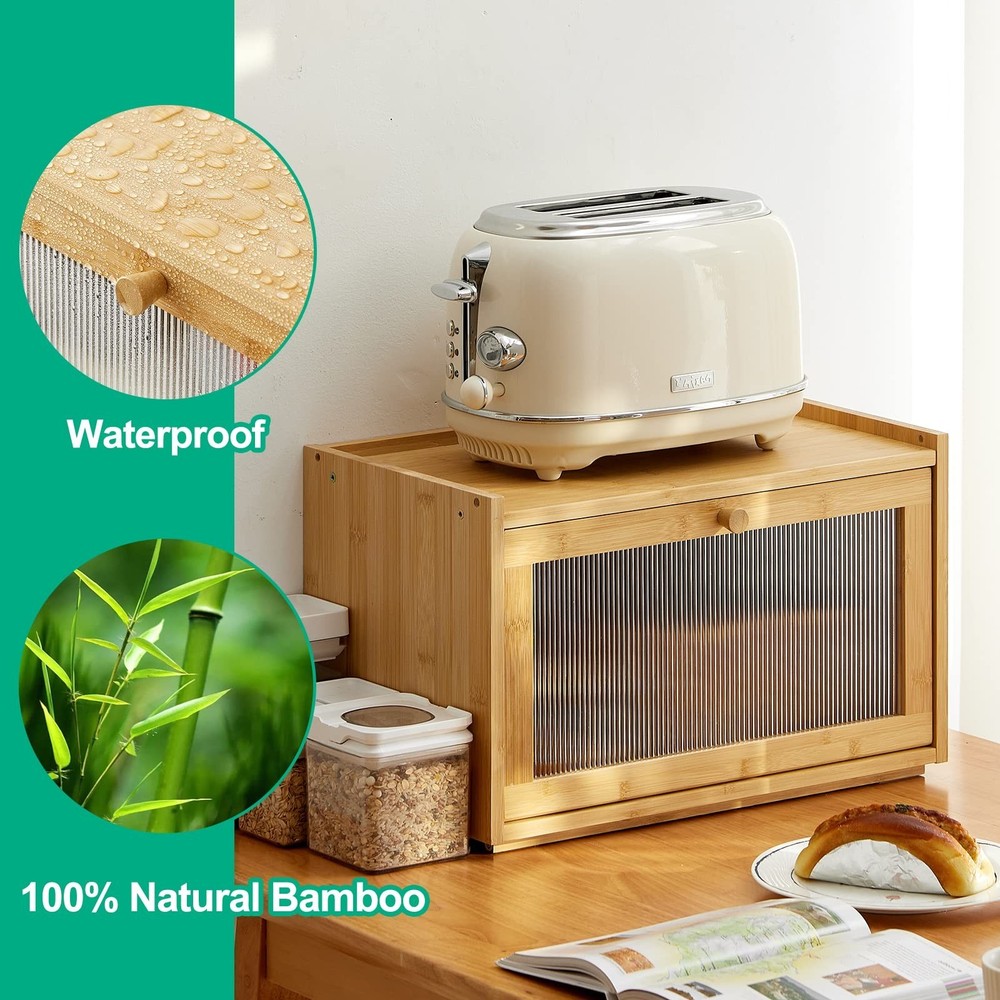 Large Bread Box for Kitchen Counter, Bamboo Bread Storage Container with Wavy...