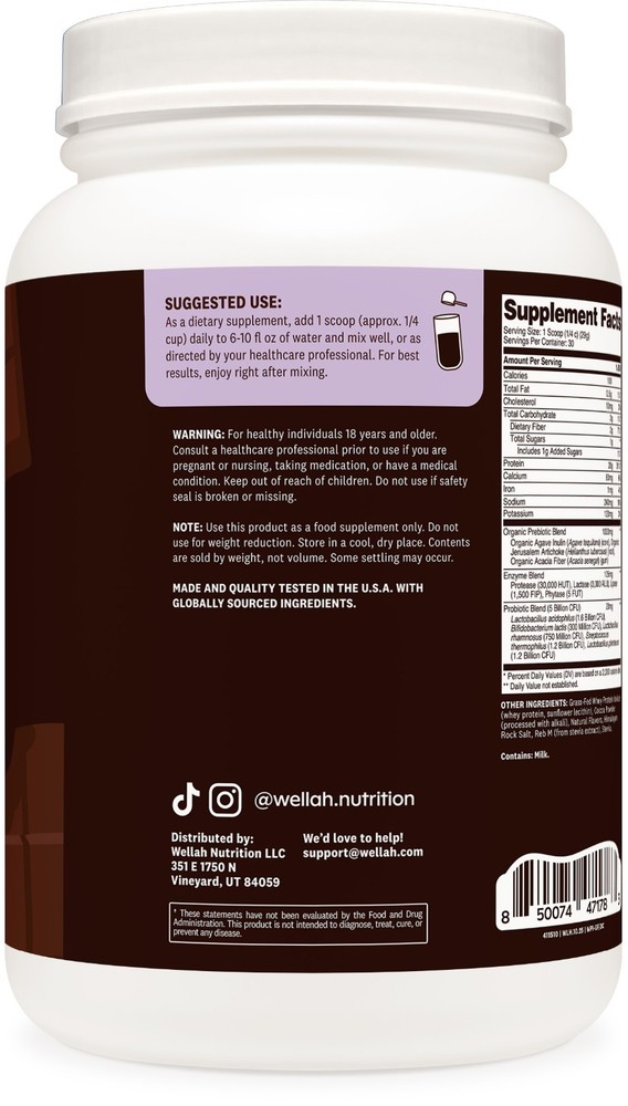 Wellah Grass-Fed Whey Protein Isolate Powder (Dark Chocolate) 30 Servings