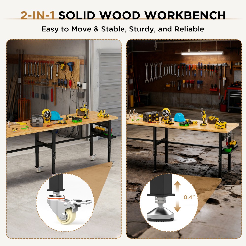 60" Adjustable Workbench w/ Drawers, 2000lb Cap, LED Light, Outlet