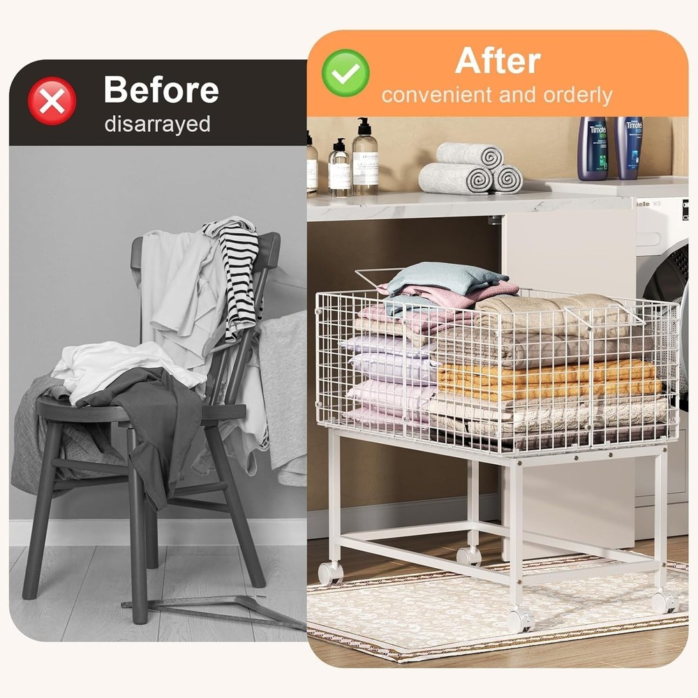 Large Rolling Laundry Basket Cart, Wire Laundry Hamper Cart with Handle, Wheels