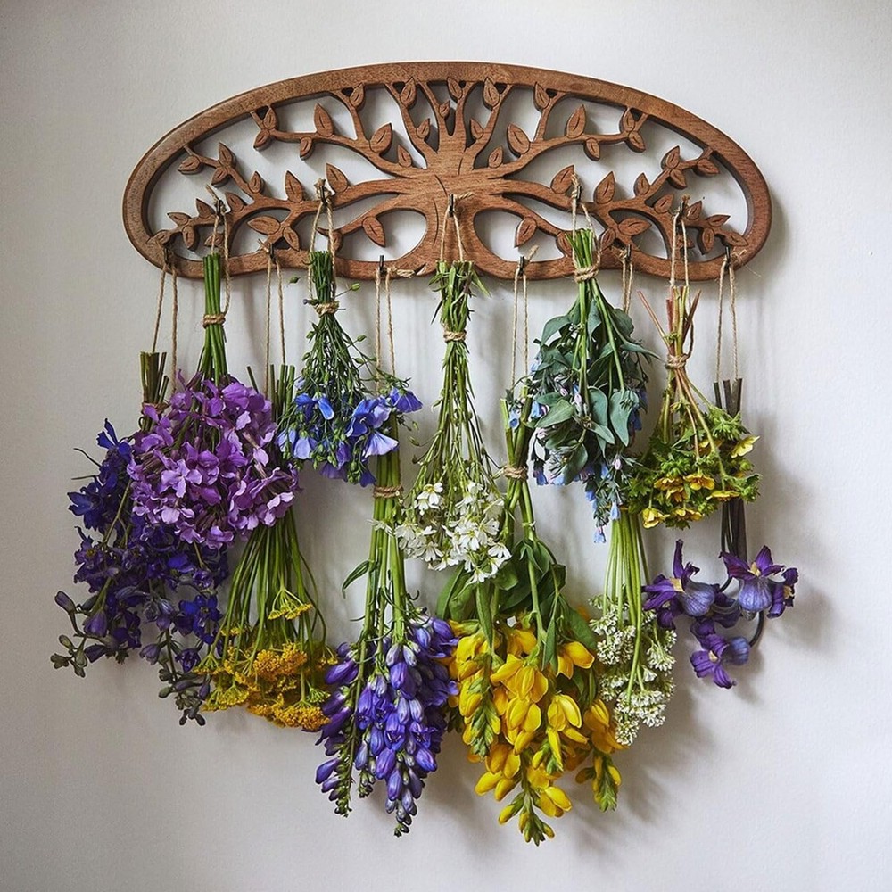 Rustic Herb Drying Rack Hanging - Artistic Life Tree Design for Kitchen Witch...