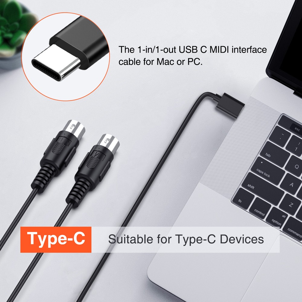 LEKATO 6.5Ft MIDI Cable MIDI to USB C Cable Type-C MIDI Input & Output Interface