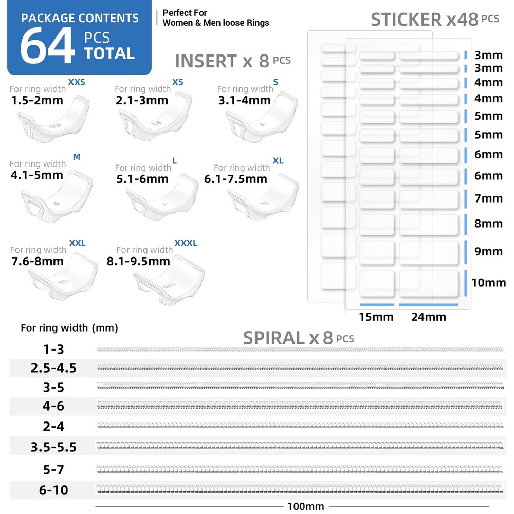 Ring Sizer Adjuster for Loose Rings, 64-Piece Set with 3 Types (Spiral...