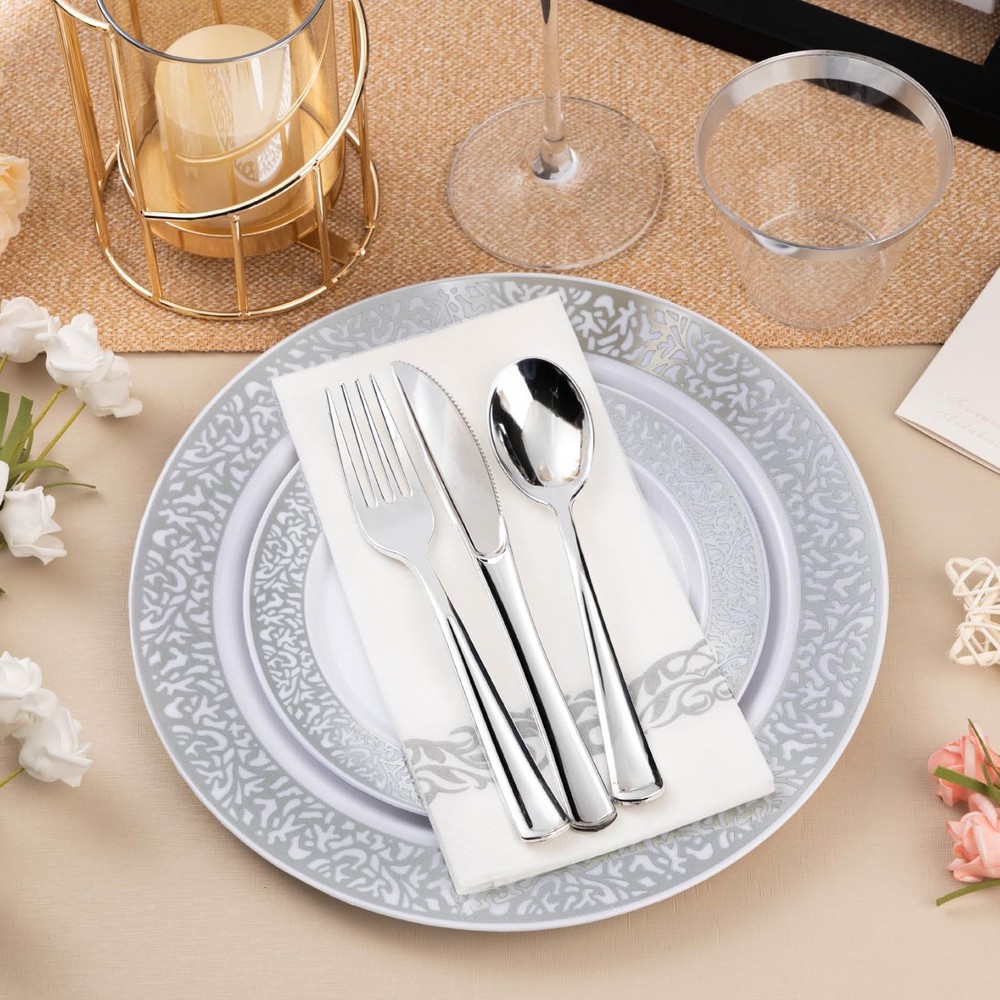350PCS Silver Plastic Dinnerware Set for 50 Guests, Disposable Plates for Par...
