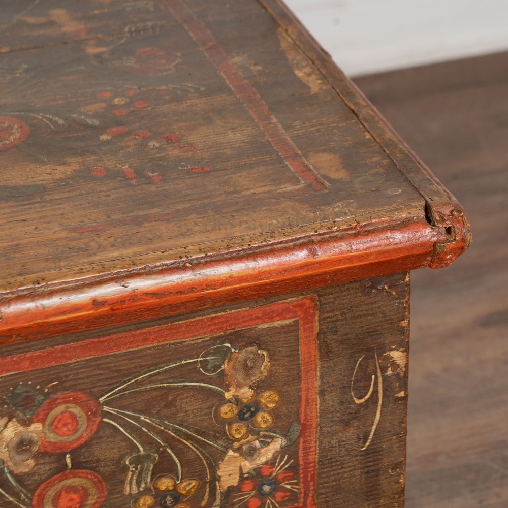 19th Century Hungarian Flat Top Original Hand Painted Pine Trunk