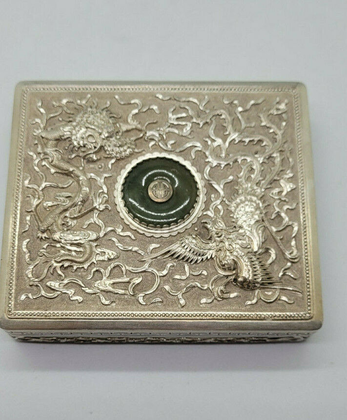 ANTIQUE BEAUTIFUL SOLID SILVER CIGARETTE CASE DRAGON & JADE SCENE 132.6 G. /B090