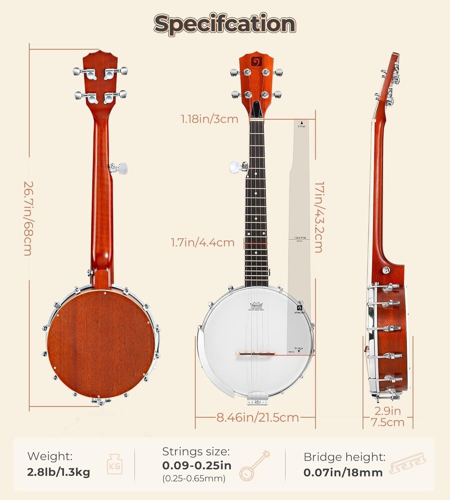 Portable 5-String 26 Inch Mini Banjo with Complete Beginner Kit & Accessories