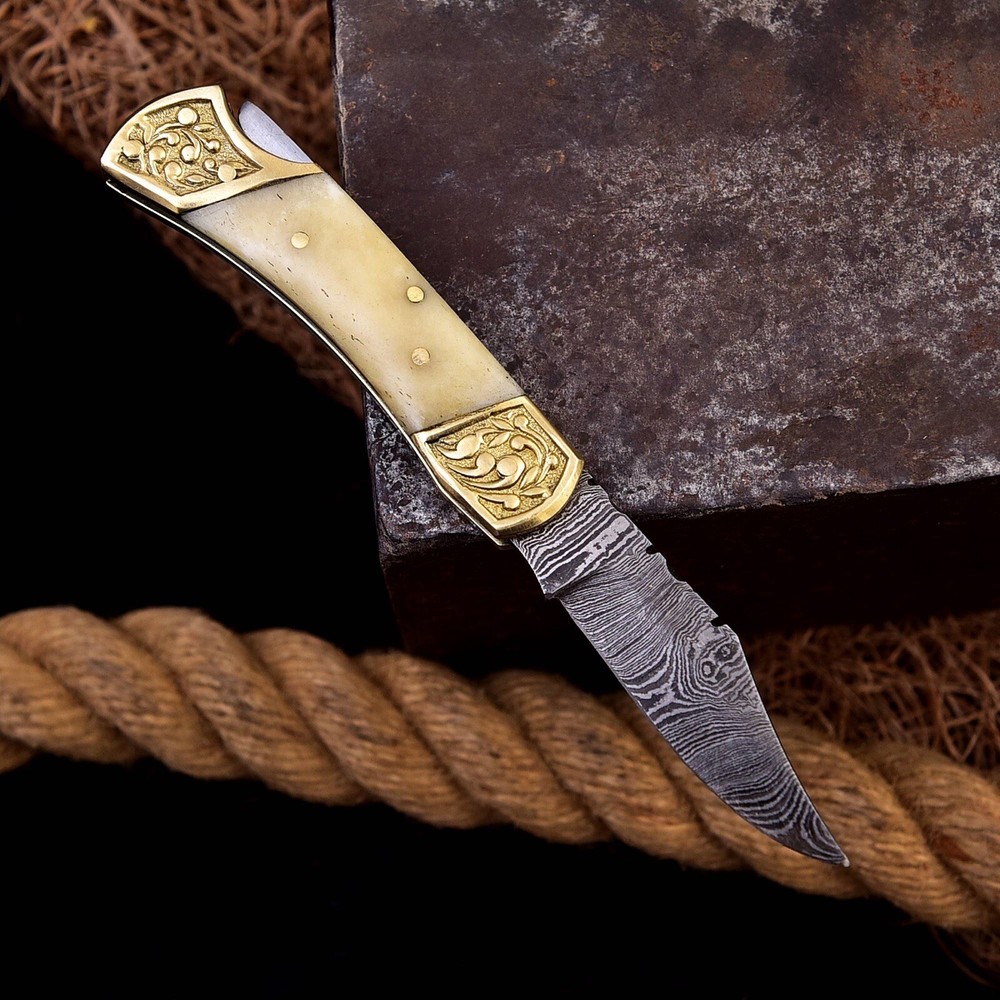 Handmade Damascus Pocket knife - Folding Blade Lock-Back Handle Camel bone