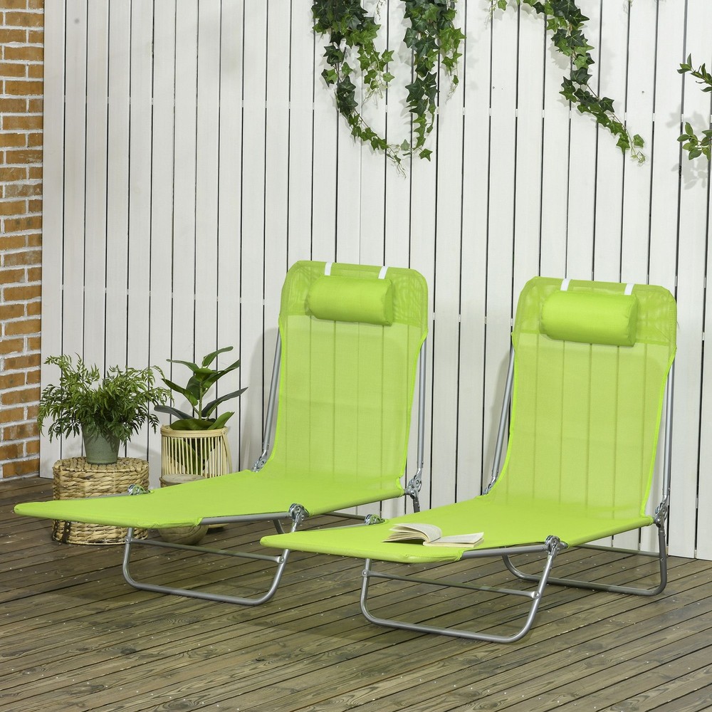 Spacious Reclining Chair Set, 2-Pack, Mesh Seat, Foldable, Yard Use, Green