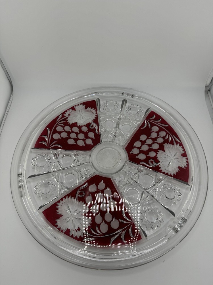 Vintage Ruby Czech Cut Glass Flat Cake Plate Read 12"