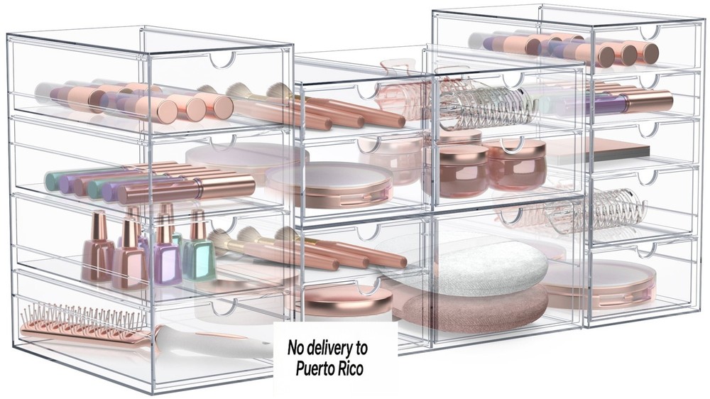 4-Piece Acrylic Makeup Organizer, 16 Drawer Stackable Storage Bins, Clear