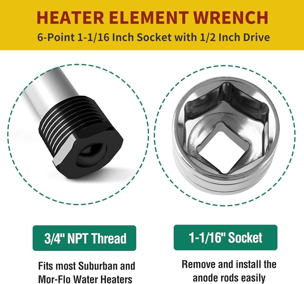 1-1/16 Inch RV Water Heater Element Socket Wrench for 3/4" NPT Thread Silver