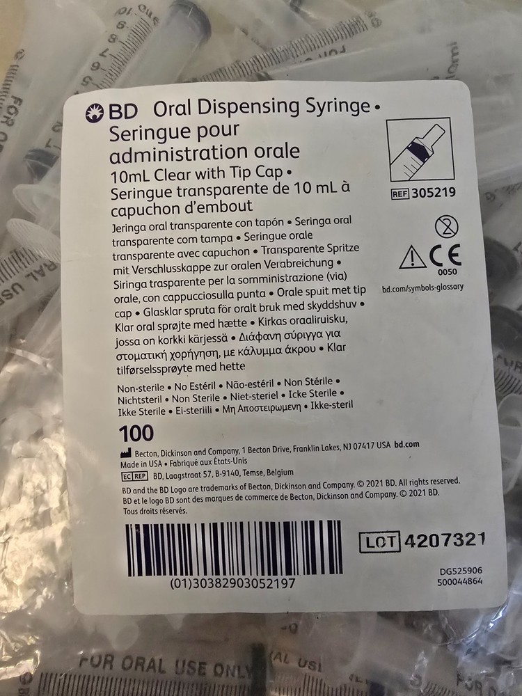 BD Oral Dispensing Syringe 10mL w/ Tip Cap 100 Pack REF 305219 NEW Bulk