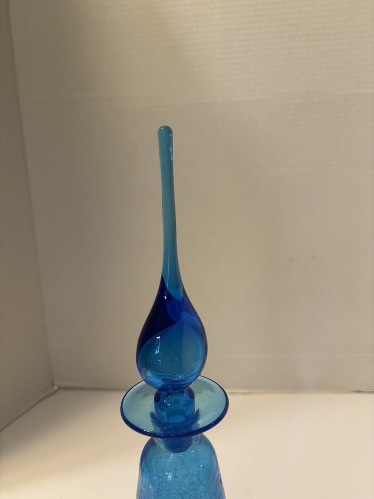 RAINBOW BLUE CRACKLE GLASS DECANTER 14" TALL