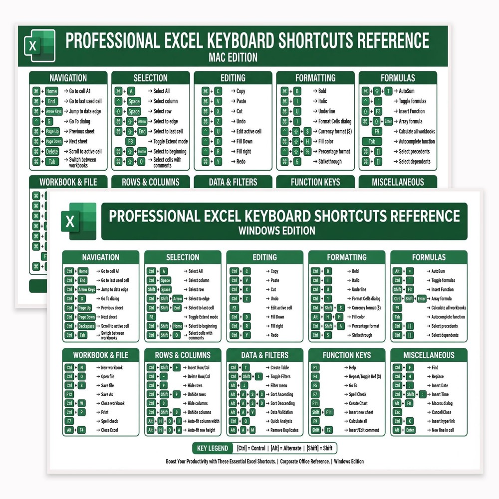 Professional Excel Keyboard Shortcuts Poster 11x17 – Double-Sided Windows & M...