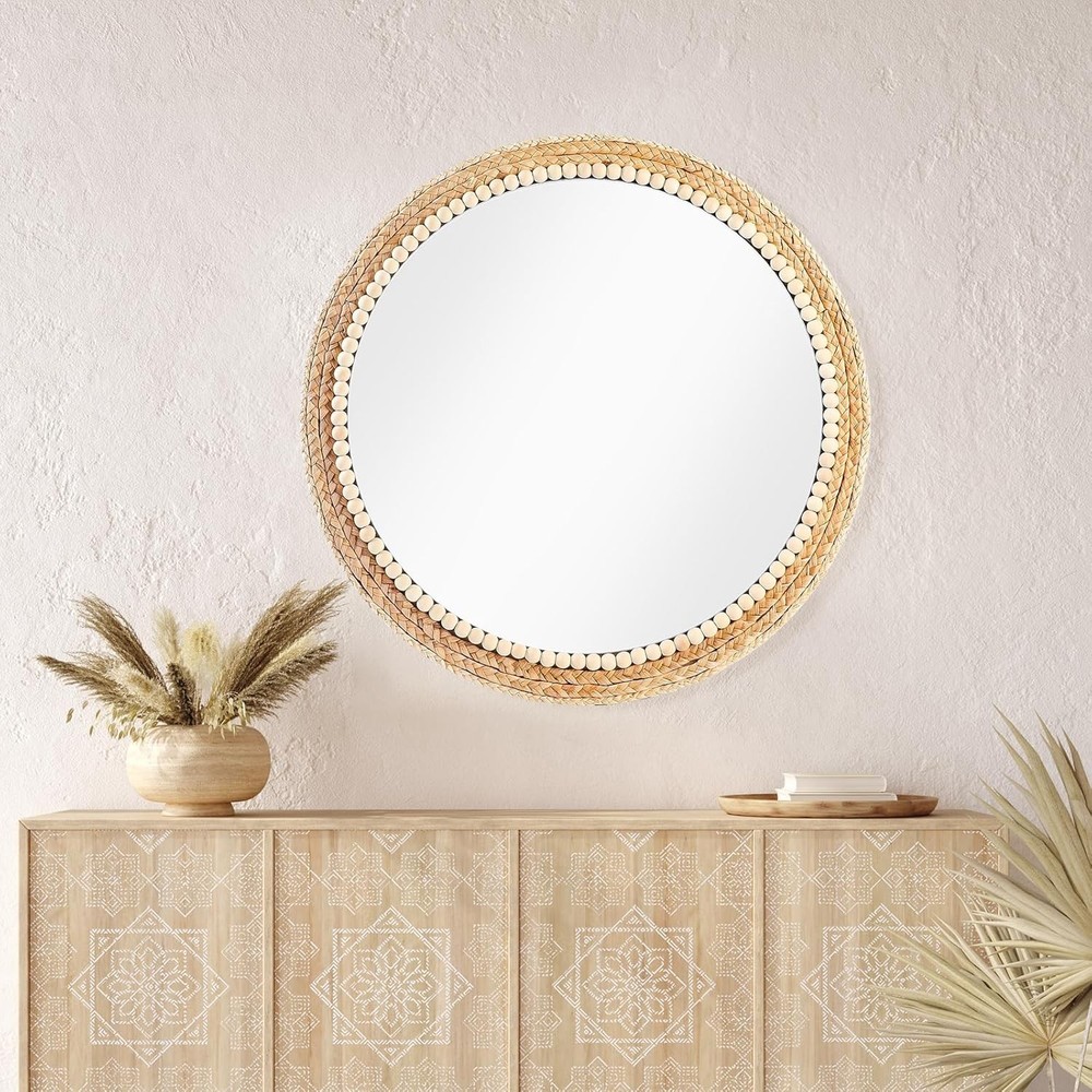 21 Inch Boho Round Hanging Wall Mirror Decorative Rattan Circle Wall