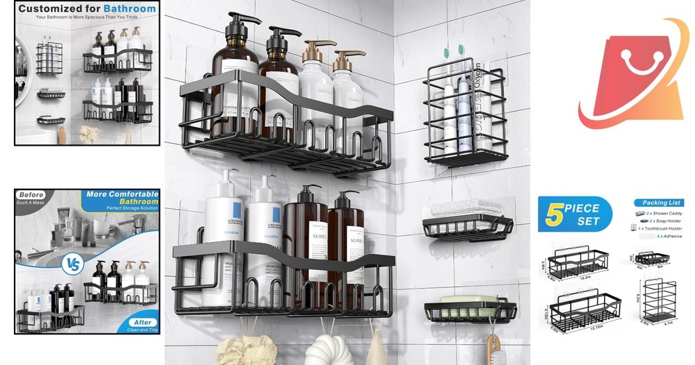 5 Pack Stainless Steel Shower Caddy Organizers, No Drill Storage Solution