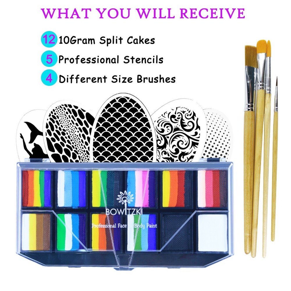 Bowitzki 6 Pack Face Paint Kit Bundle Kit Professional Face Paint Brushes Sponge