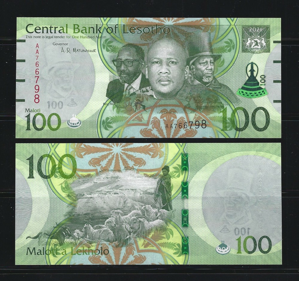 LESOTHO 100 Maloti 2021, P-29a, "AA" First Prefix, New Series, Pack Fresh UNC