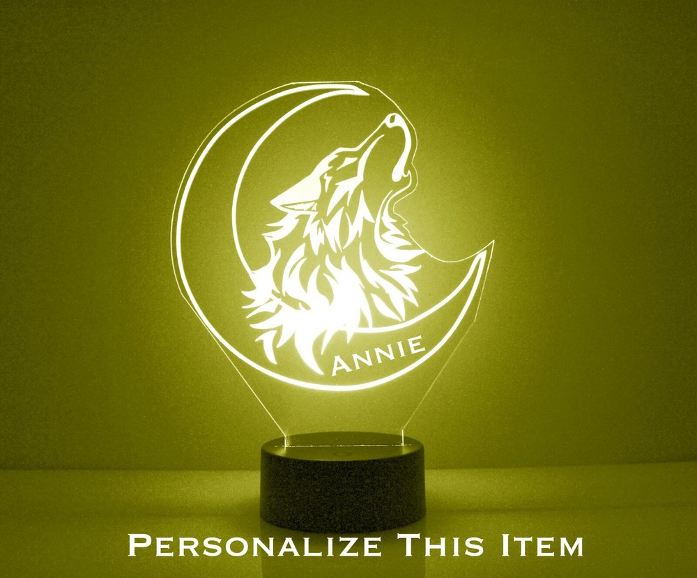 Howling Wolf & Moon Personalized LED Night Lamp FREE Engraved Names With Remote