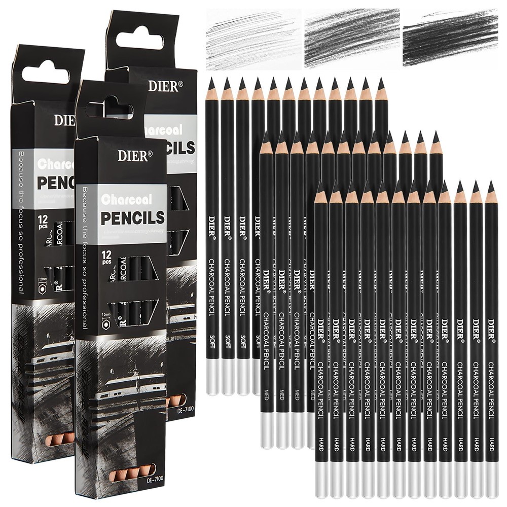 36 Pc Charcoal Pencil Set - Soft, Medium, Hard for Sketching & Shading