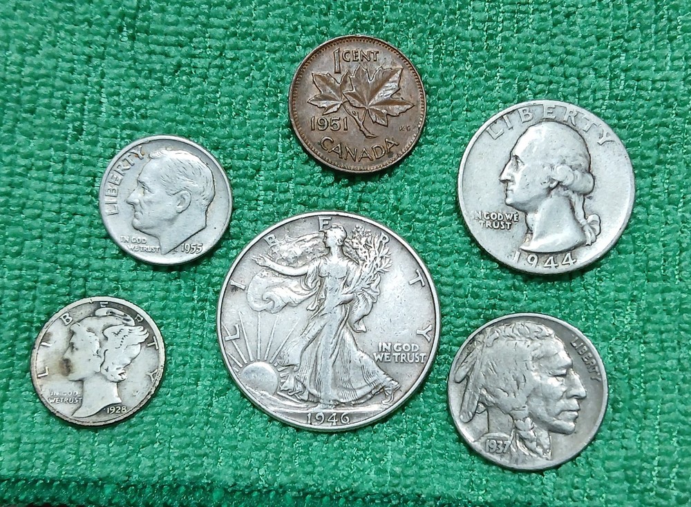 Old Coins: Silver Liberty Half + Quarter + Two Dimes - Some Worn or Cleaned