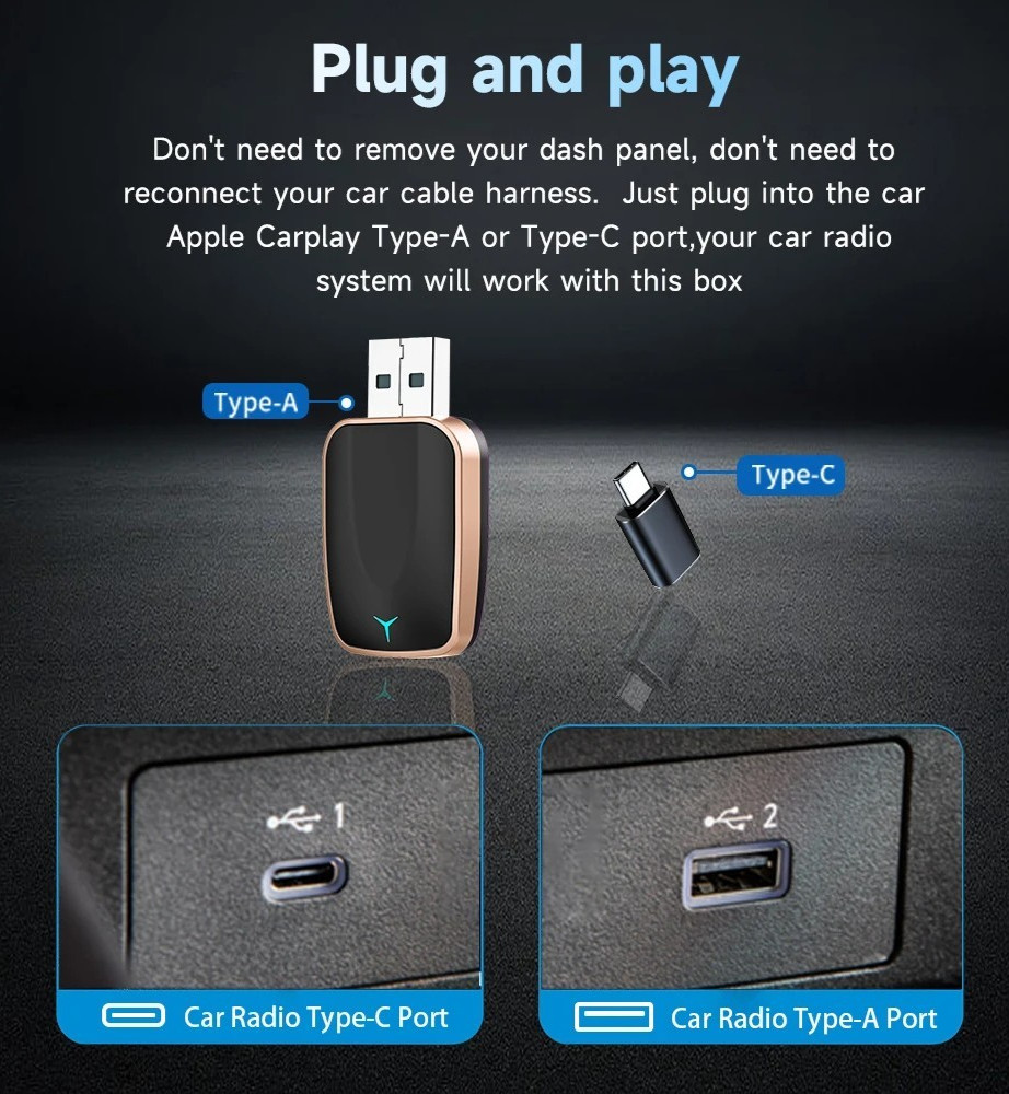 Wireless CarPlay & Android Auto USB Adapter, Plug & Play for iphone Android