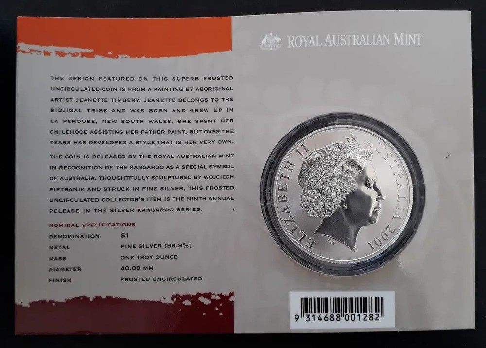 2001 $1 SILVER ROO 1 OZ SILVER FROSTED COIN