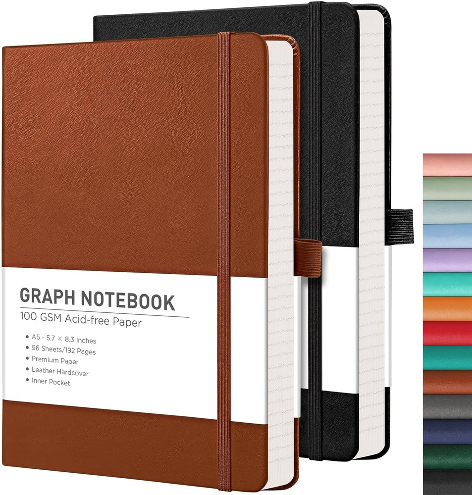 Graph Grid Paper Notebook, 2-Pack, 192 Pages per Pack, A5 Medium Size (5.7'' X 8