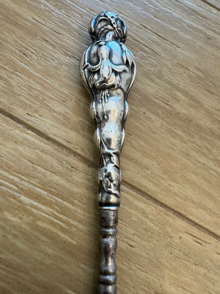 Antique Sterling Silver Handle Button Hook w/ Dangling / Hanging Flower Design