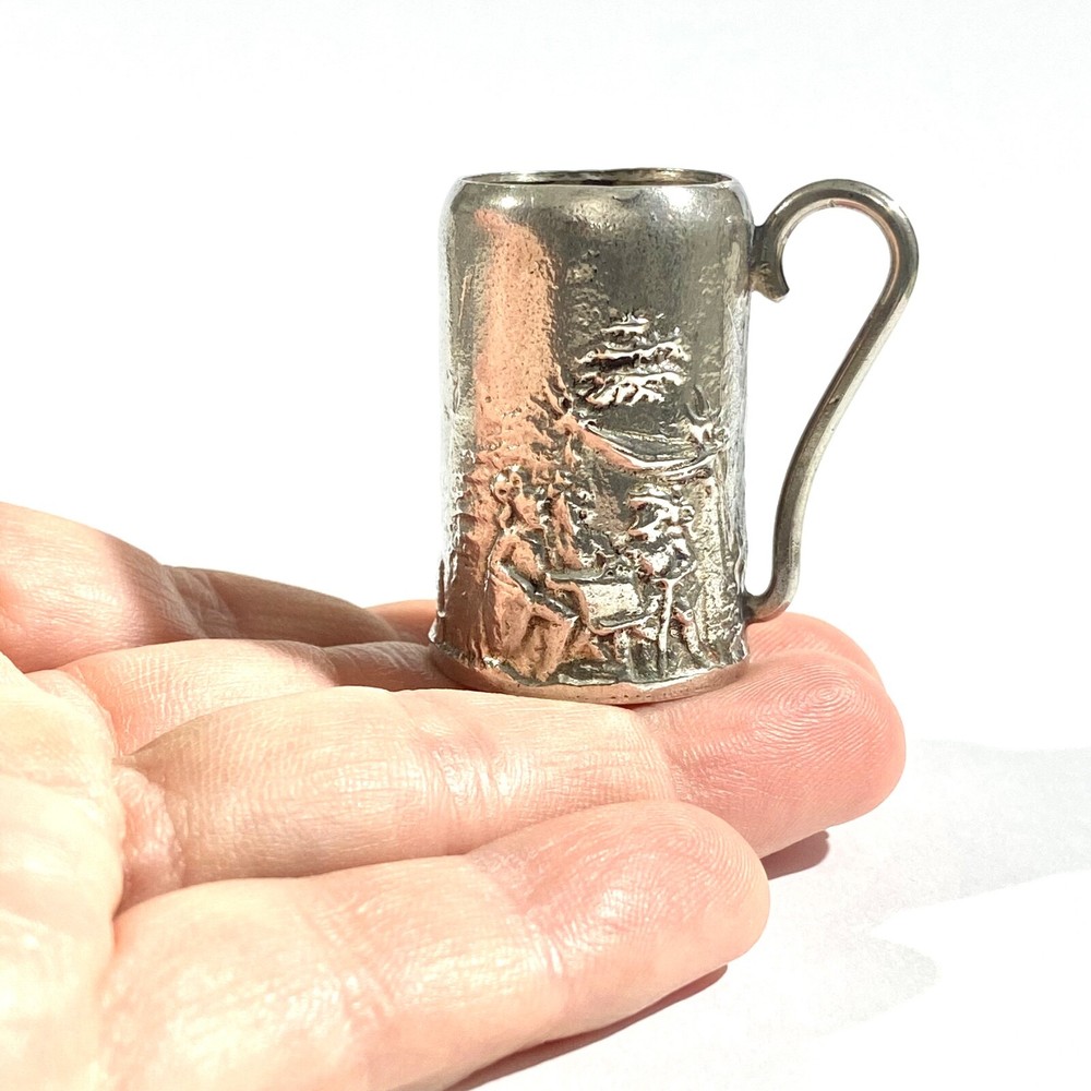 vintage heavy solid silver beer mug miniature with ancient scenes, hallmarked
