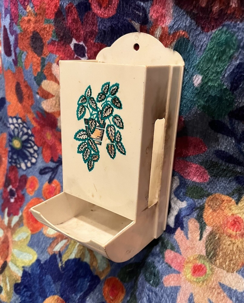 Vintage Match Holder Plastic Wall Mount White Flower Pattern