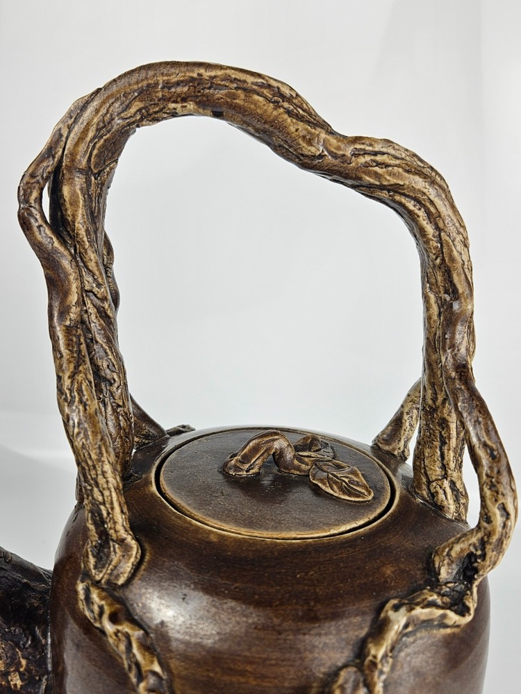 Studio Art Pottery Teapot Sculptural Branch Handle Applied Vine Leaf Stoneware
