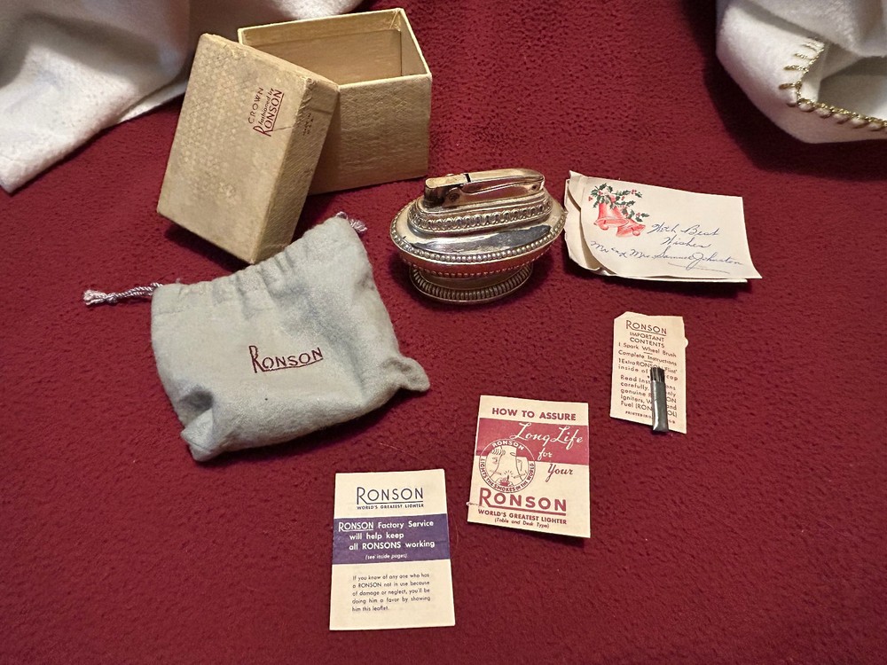 Ronson Queen Anne Table Lighter In Original Vintage Box, dstring bag, packaging!