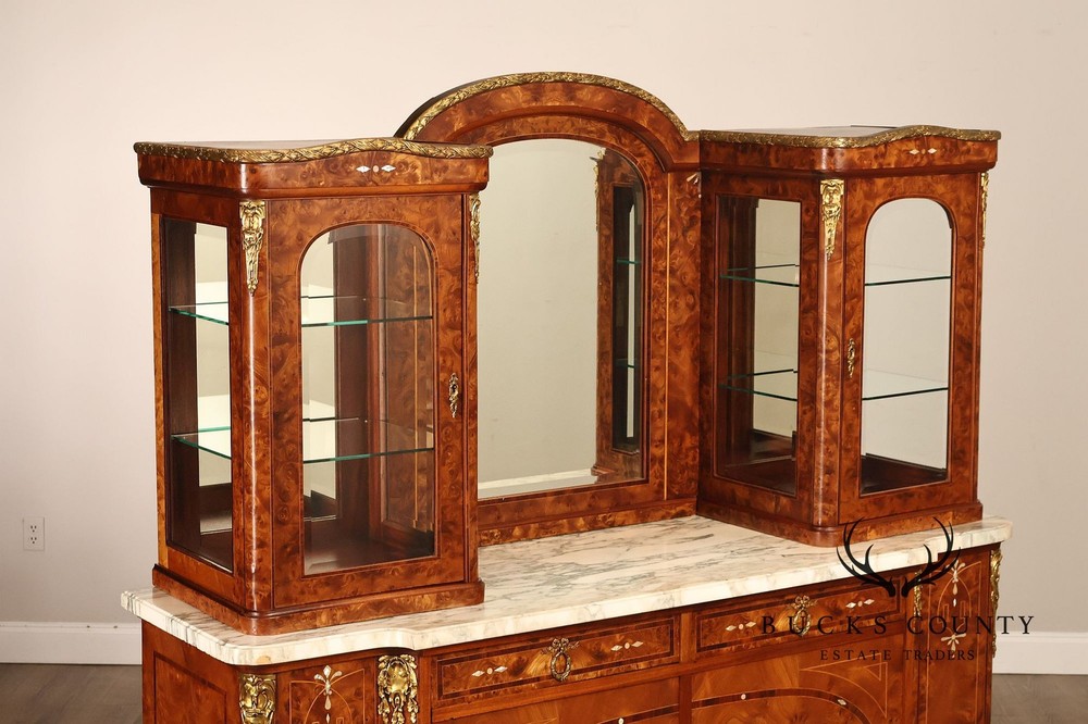 Walnut Marble Top Sideboard With Display Cabinets