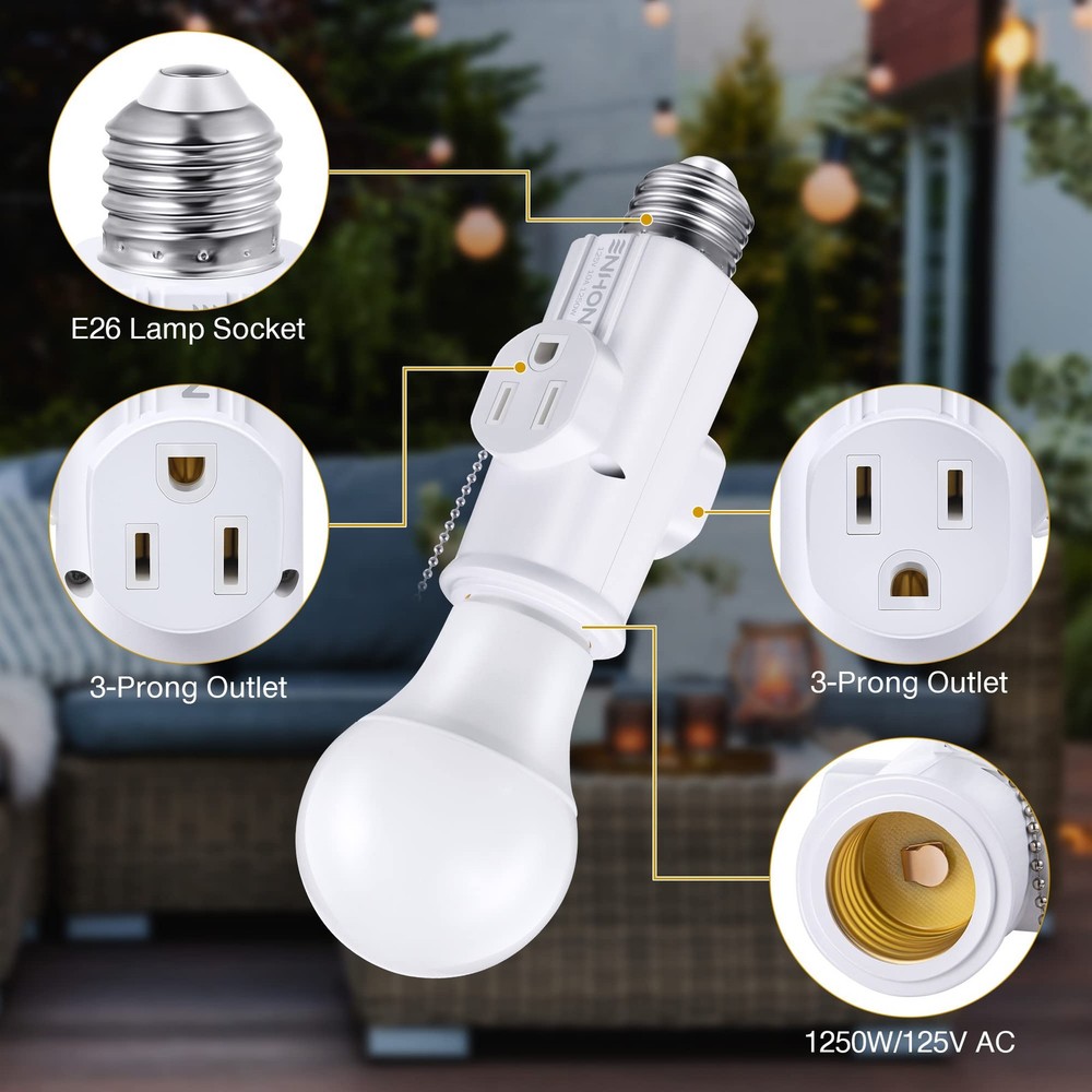 3 Prong E26 Light Socket to Plug Adapter, White Heat Resistant Silver