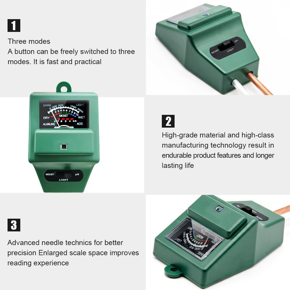 SONKIR Soil pH Meter, MS02 3-in-1 Moisture/Light/pH Tester 1 Pack, Green