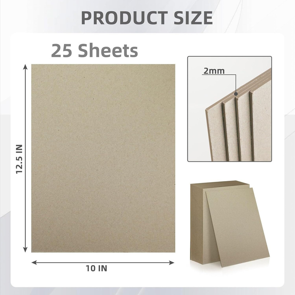 25 Sheets 12.5x10" Book Board 2 mm 80 PT for Book Binding Thick Grey Board fo...