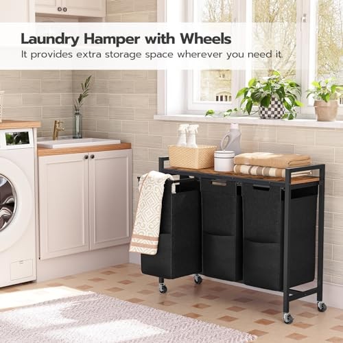 Laundry Sorter 3 Section, Laundry Hamper with Wheels, 3 × Rustic Brown + Black