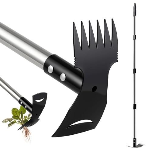 Long Handle Weed Puller Tool 58" - 2-in-1 Weeder Rake & Garden Hoe Combo for Eas