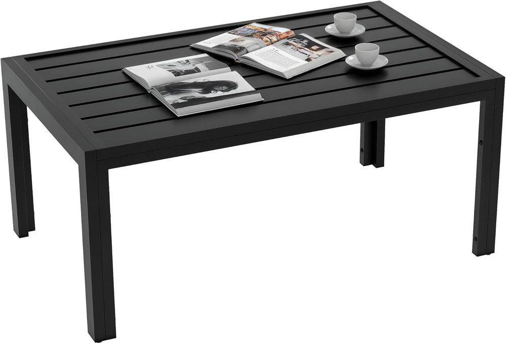 Patio Coffee Table, Rectangle Outdoor Side Table with Steel Frame and Slat Table