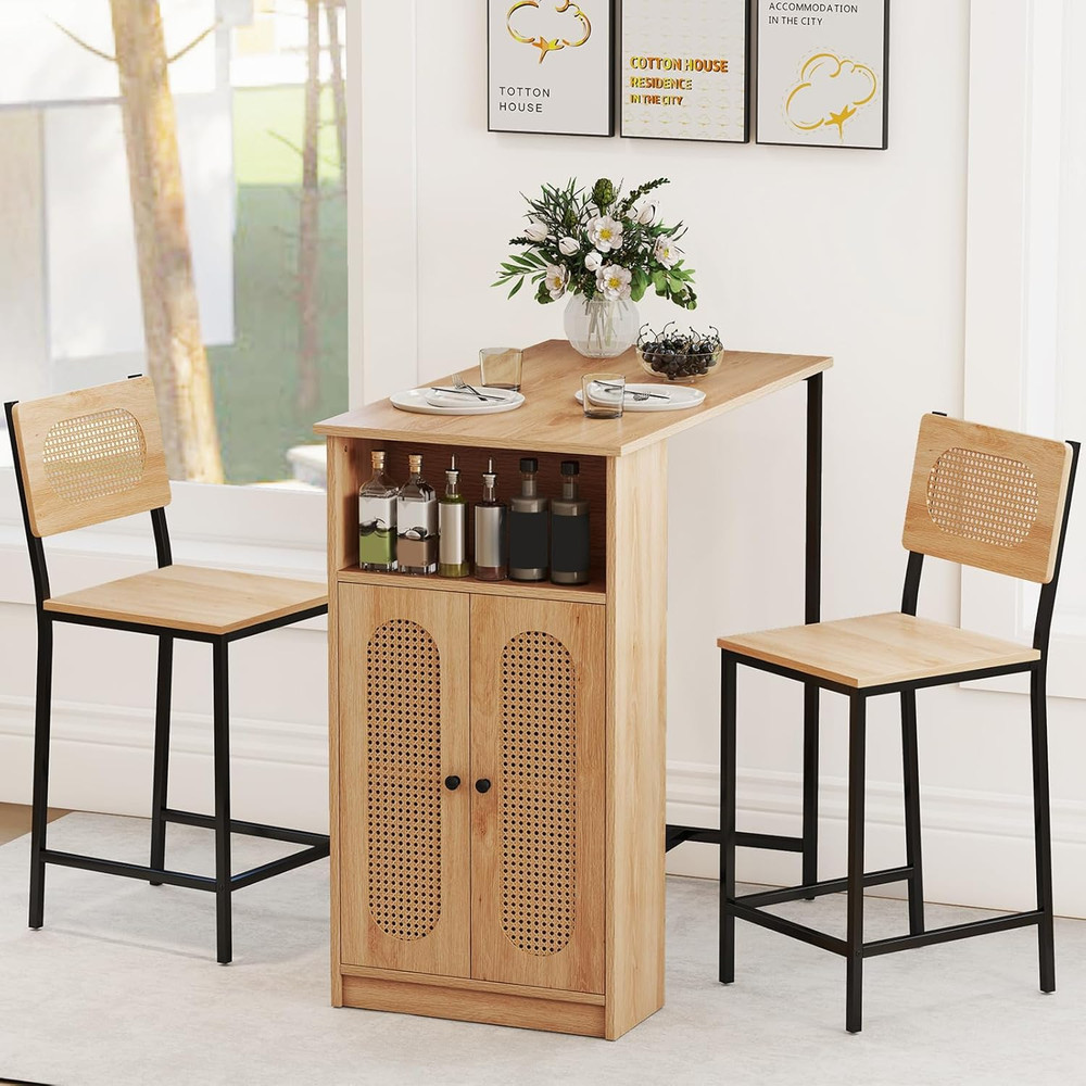 Boho 3-Pc High Top Table & Stools Set with Storage, Metal Frame, Counter Height