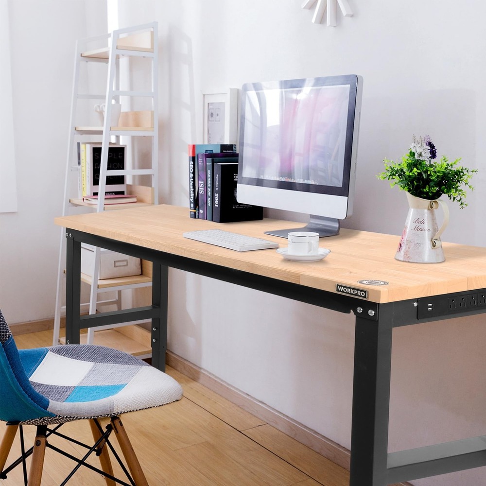 48" Worktable Adjustable Heavy-Duty Steel Frame Solid Rubberwood Tabletop Power