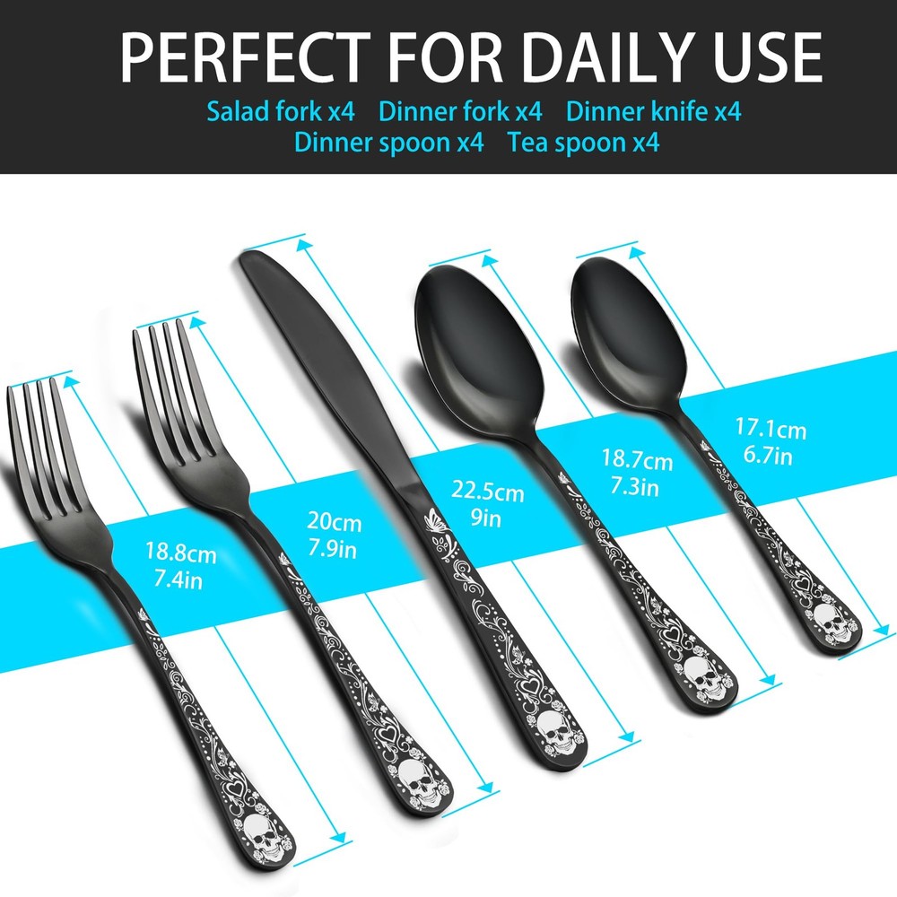 Skull Black Silverware Set for 4, 20-Piece Black Flatware Set, Gothic Skeleton C